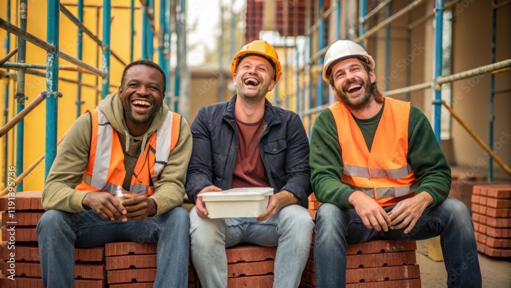 Poster A medium closeup of three construction workers seated on stacked materials with one holding a lunchbox all erupting in laughter. The background shows vibrant scaffolding adding to