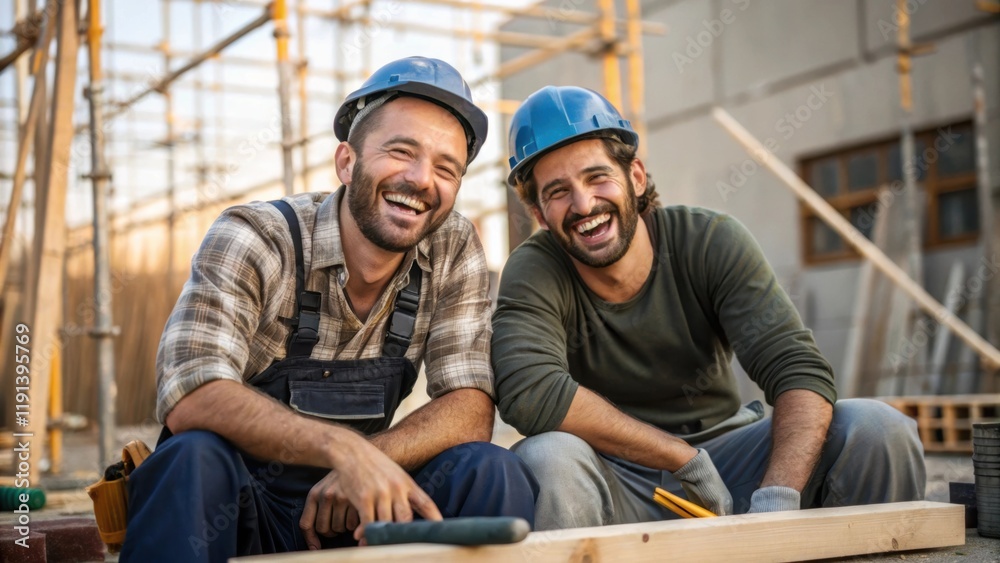 Aufkleber a medium closeup of two construction workers sharing a hearty laugh while taking a break on site sur