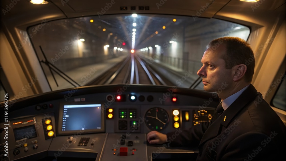 Poster A medium closeup of train conductor in the pit focused on the controls as the train enters the tunnel highlighting the human element behind the technology that powers modern rail