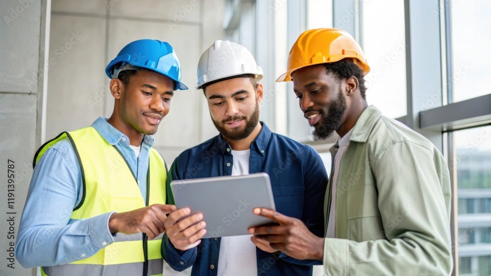 Aufkleber A medium closeup of three workers with varying skin tones discussing a plan while pointing at a digital tablet conveying a sense of collaboration and innovation in the construction
