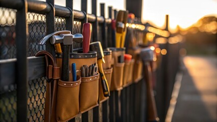 A medium closeup of tool belts hanging from a fence with the soft glow of morning highlighting the various tools creating a sense of readiness amidst stillness.