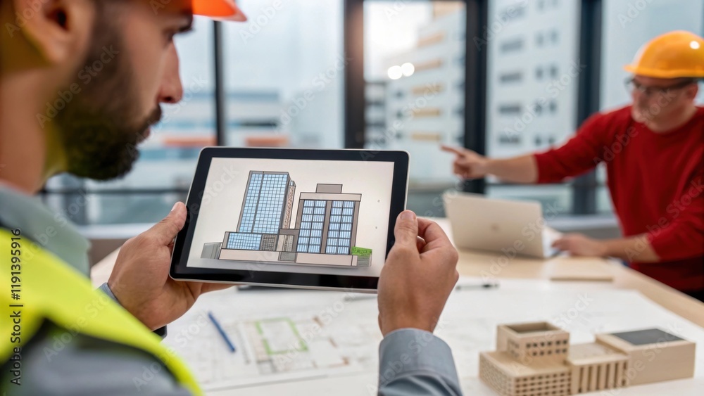 Aufkleber A medium closeup of workers collaborating around a digital tablet reviewing 3D models of an architectural design representing the merging of technology and teamwork in modern