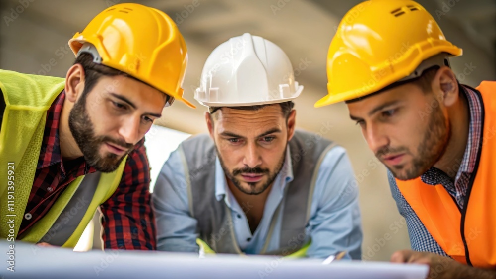 Poster a medium closeup of workers collaborating their faces showing concentration as they communicate over