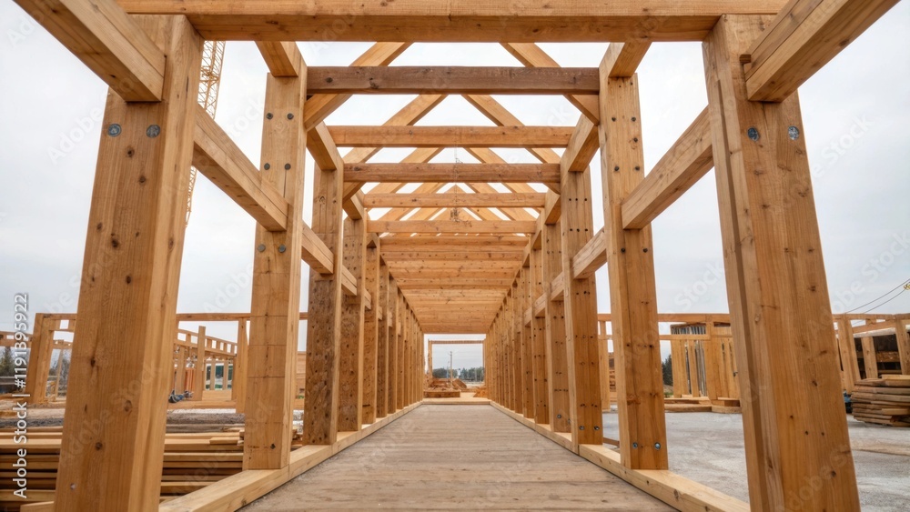 Poster a medium closeup of wooden frames being raised capturing the moment where raw materials are transfor