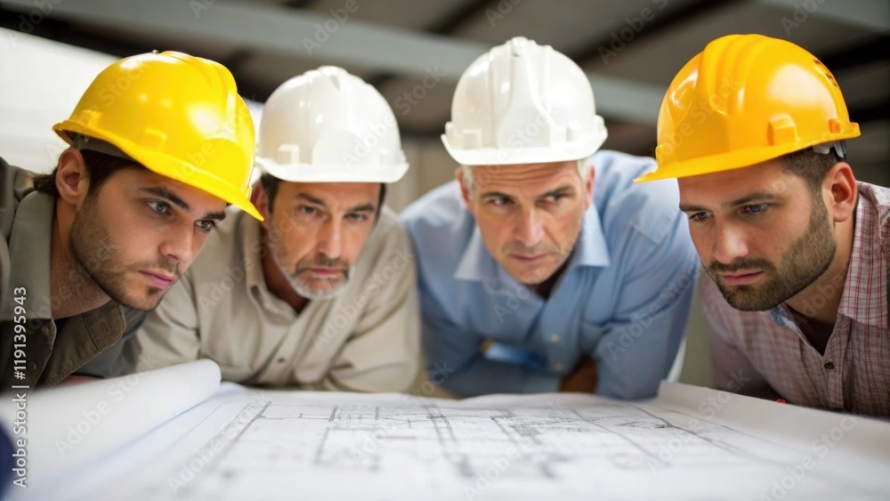 Aufkleber A medium closeup of workers in hard hats collaborating around a detailed blueprint their expressions focused and determined highlighting the teamwork that drives complex