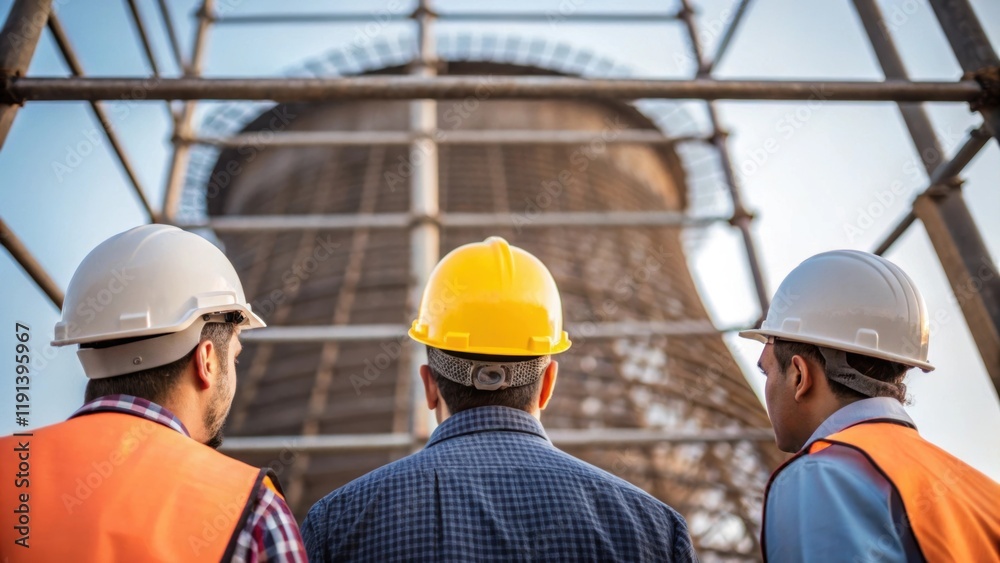 Poster a medium closeup of workers in hard hats on scaffolding inspecting the framework of a cooling tower 