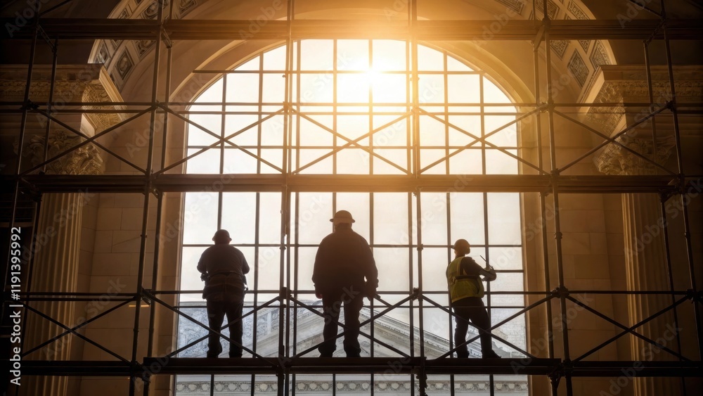 Poster a medium closeup of workers on scaffolding their silhouettes framed against a large window with sunl