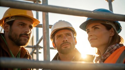 A medium closeup of workers collaborating on a scaffold their focused faces illuminated by the sun representing teamwork and the community effort in transforming their living