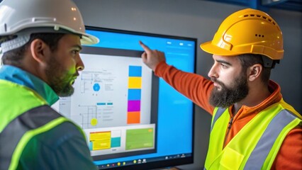 A medium closeup of workers collaborating on a virtual design using collaborative software on a large digital screen representing teamwork and communication enhanced by digital