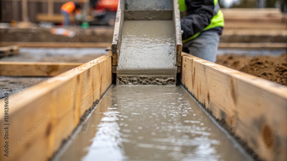 Poster a medium closeup photograph of a worker pouring concrete into the wooden form with smooth wet concre