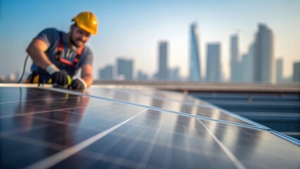 A medium closeup revealing a worker adjusting the angle of a solar panel with the skyline blurred in the background emphasizing the integration of renewable energy into urban