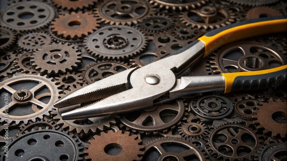 Poster A medium closeup reveals a glimmering pliers reflecting the chaotic array of gears and metal components surrounding it creating a mesmerizing abstract pattern.