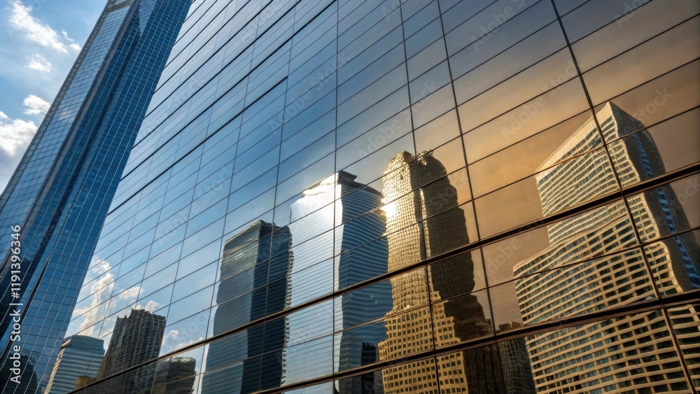 Poster a medium closeup reveals the buildings shimmering exterior panels glistening from the reflection of 