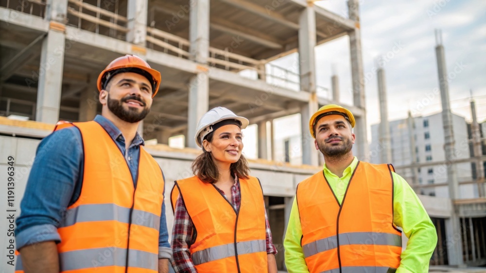 Poster a medium closeup reveals construction workers collaborating their reflective vests bright against th