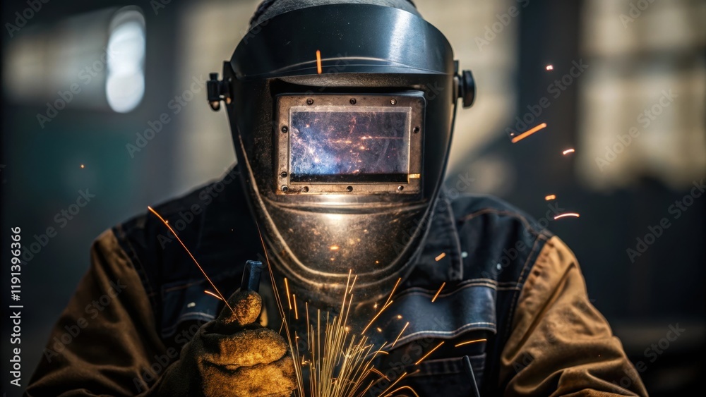 Poster a medium closeup reveals the welders protective gear with soot and sparks reflecting on the visor em