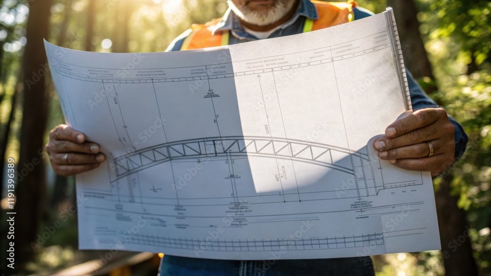 Aufkleber A medium closeup shot capturing a construction workers hands gripping a large blueprint detailing the bridge design while sunlight filters through the trees casting dappled