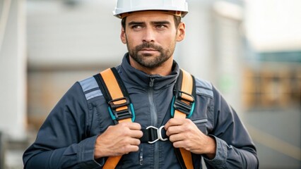 A medium closeup revealing the workers focused expression as they doublecheck the harness fit around their chest emphasizing determination and commitment to safety.