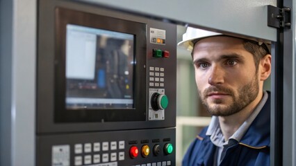 A medium closeup reveals the intricate interface of the machine with the workers face in the foreground demonstrating a balance between the human element and mechanized precision.