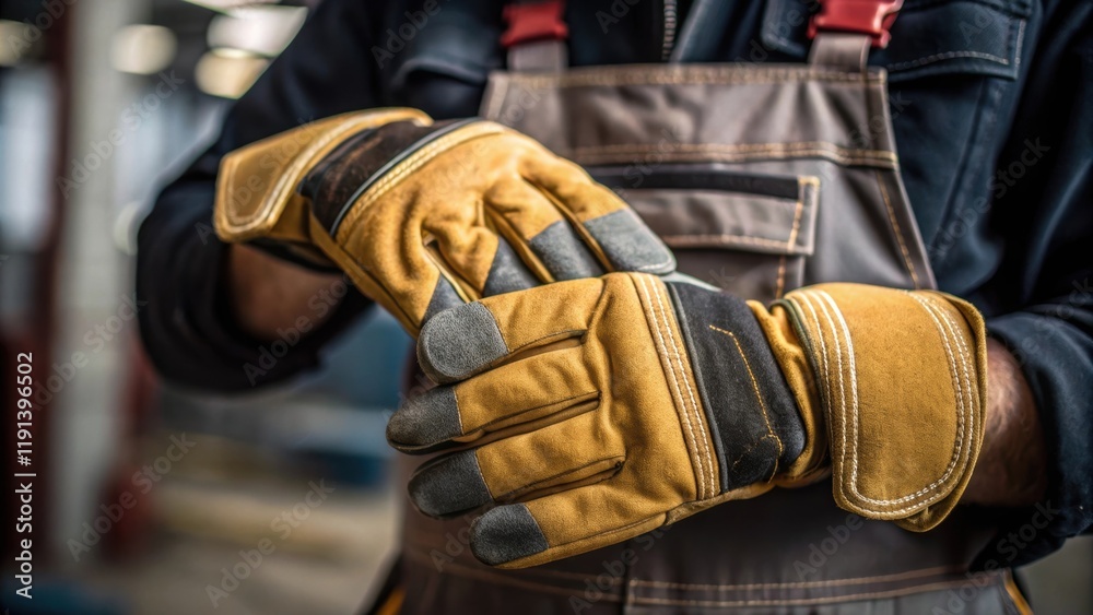 Poster a medium closeup shot of a workers hands adjusting a pair of industrial gloves capturing the flexibl