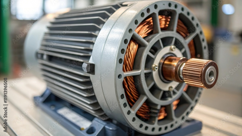 Poster a medium closeup shot of an electric motor focusing on the coils and rotor with visible electrical c