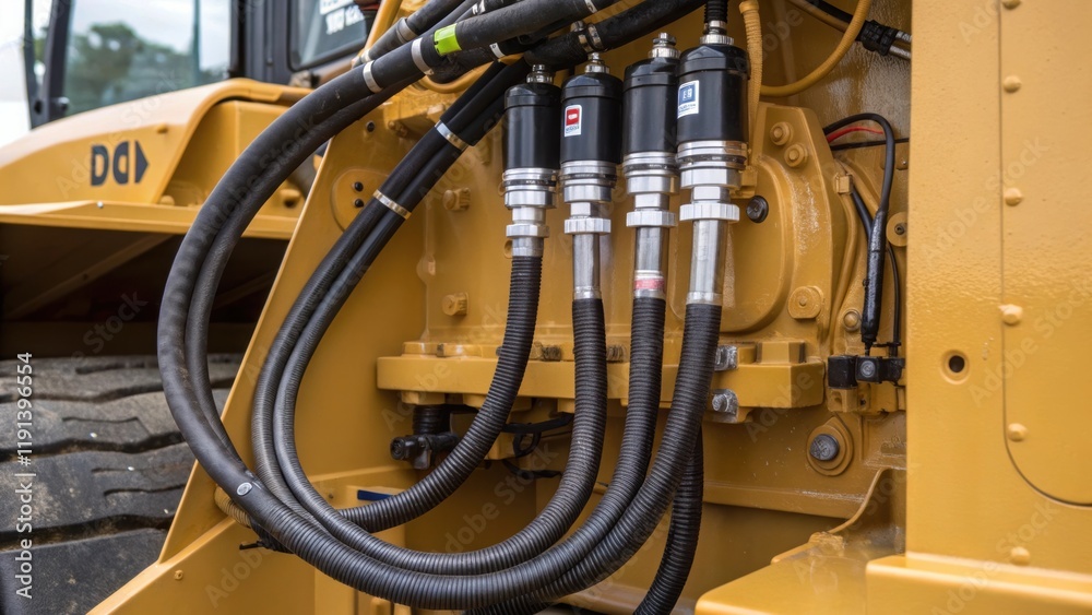 Poster A medium closeup shot of the bulldozers hydraulic systems with hoses and connection points highlighted indicating the robust engineering that supports GPSdriven efficiency in