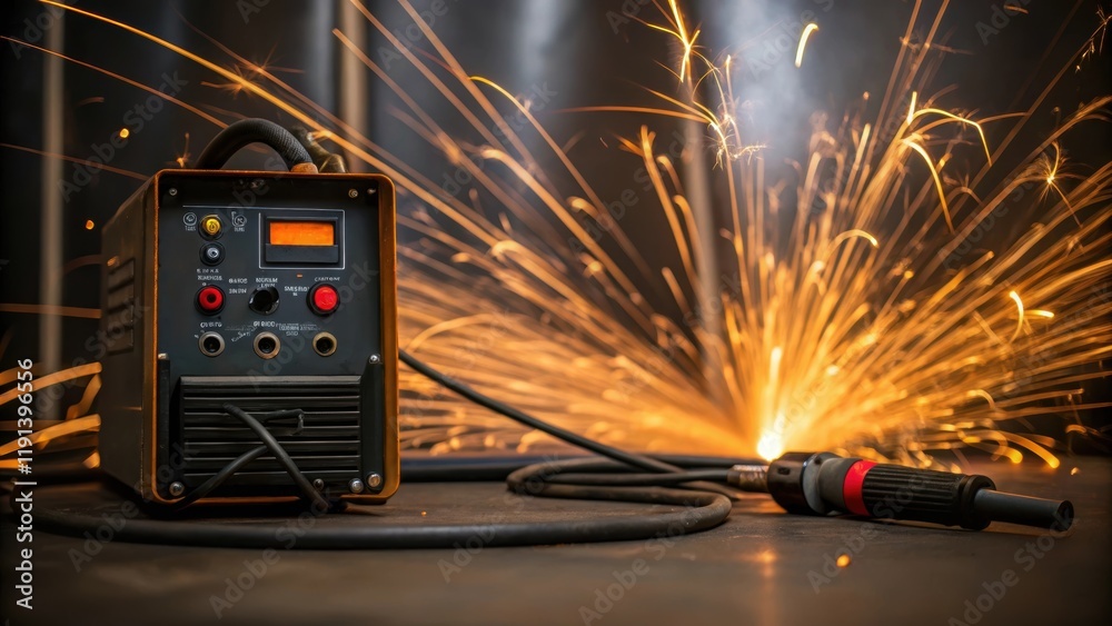Poster A medium closeup shot of the welding machine with buttons and wires with an eruption of sparks in the background providing an insight into the tools that generate such vibrant