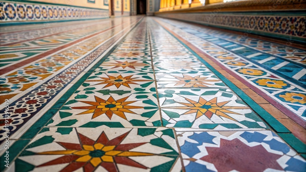 Poster A medium closeup shot showcasing the intricate patterns of the tiles laid on the floor highlighting the contrast between the vibrant colors and the meticulous alignment of each