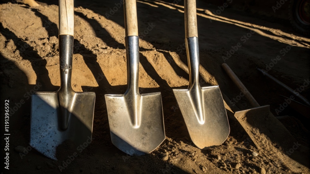 Aufkleber A medium closeup showcases the angular shapes of excavation tools cast in sunbeams their metallic surfaces gleaming while their shadows stretch long and distorted into the pits
