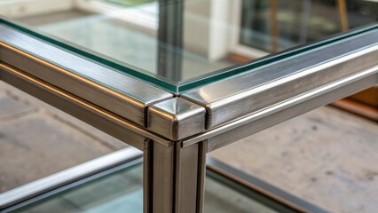 A medium closeup showcases the moment of connection between the glass panel and the frame where the clear surface meets metal revealing precise angles and a careful craftsmanship