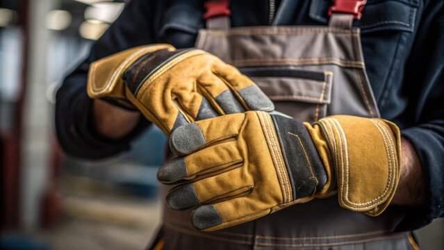 A medium closeup shot of a workers hands adjusting a pair of industrial gloves capturing the flexible fabric and reinforced knuckle protection that enhances dexterity and safety.