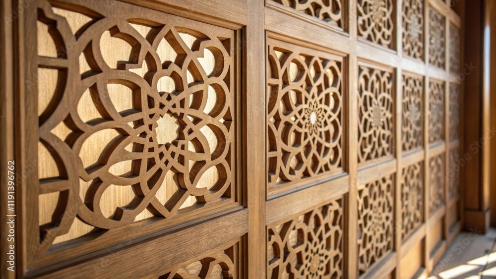 Poster A medium closeup showcasing intricate fretwork on a wooden screen emphasizing the delicate outs and the play of light filtering through.