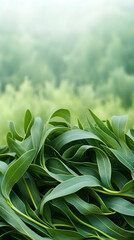 Obraz premium Lush green eucalyptus leaves close-up, misty forest background; nature, freshness, tranquility. Ideal for wellness, spa, or environmental themes