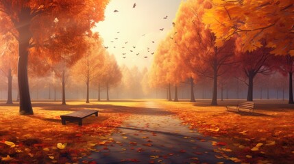 Autumn park with fallen leaves on the ground,