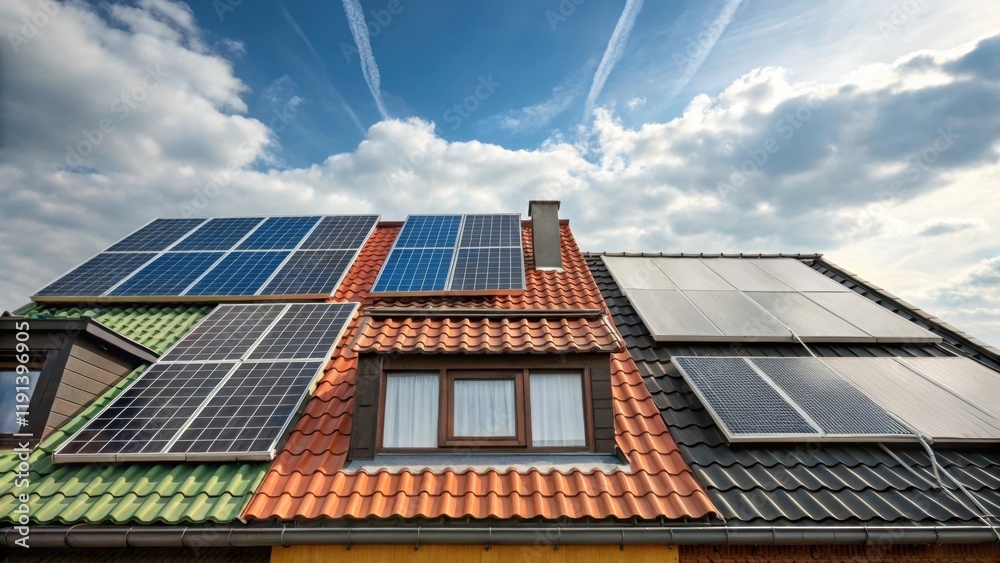 Poster A medium closeup showing a collection of various solar panels on a rooftop highlighting different sizes and designs while framed by the contrasting colors of the roof and sky.