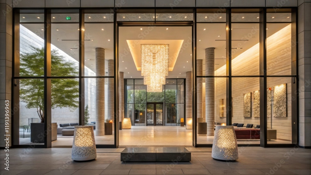 Poster a medium closeup shows the striking entrance lobby through the expansive glass windows showcasing an