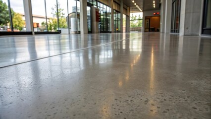A medium closeup that captures a polished concrete surface reflecting soft light and showcasing a smooth glossy finish that enhances the modern and industrial aesthetic with subtle