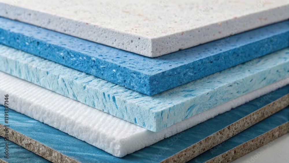 Poster An abstract view of overlapping layers of insulation material their textured surfaces revealing a palette of blues and whites evoking a sense of depth and complexity while