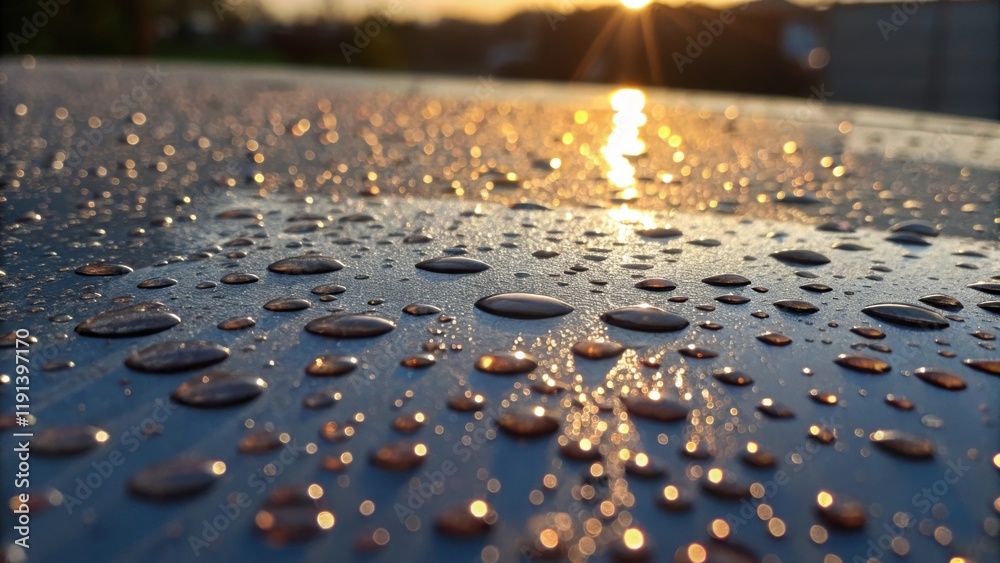 Poster An abstract view of raindrops speckled across a newly painted surface capturing the intricate interplay of light and shadow as the droplets catch sunlight.