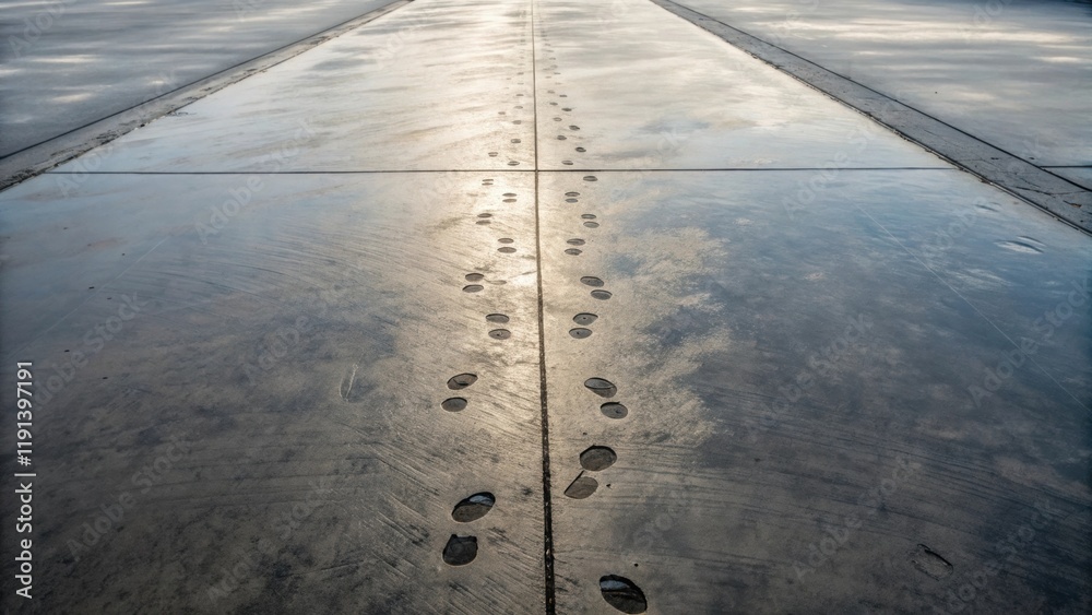 Aufkleber An aerial angle focused on the path of footprints leading towards the horizon of the concrete slab where the wet surface reflects light showing how the soles have pressed into the