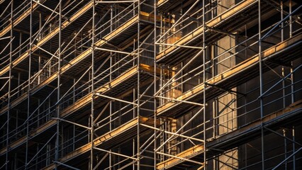 An abstract composition of angled scaffolding the geometric lines creating a dynamic interplay of shadows and light emphasizing the complexity of the sites vertical construction.