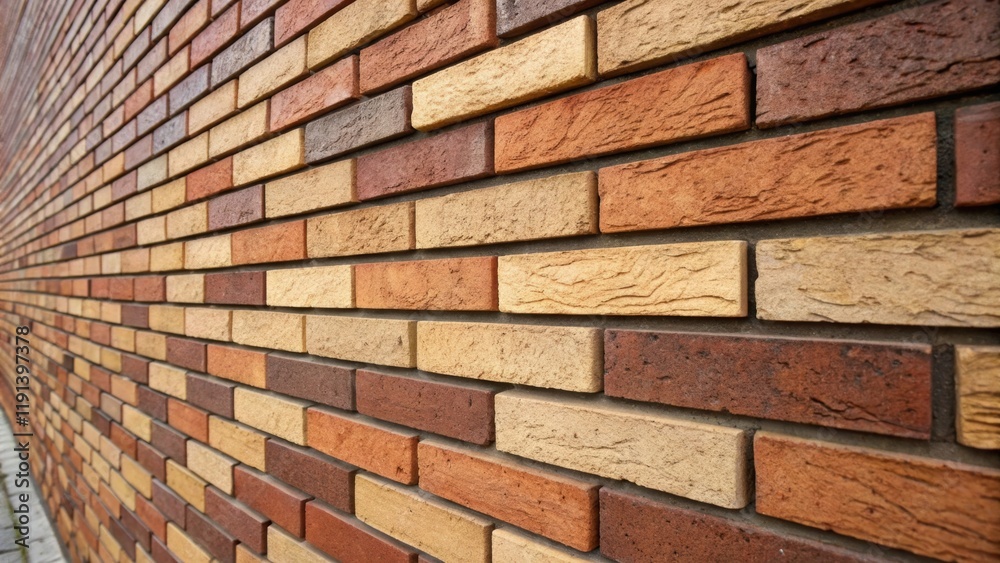 Poster An angle shot that captures the layered effect of the bricks showcasing the subtle variations in color and shape that provide a dynamic visual rhythm to the wall.