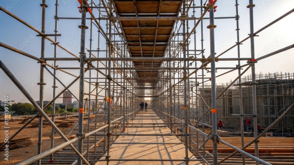 Aufkleber An array of scaffolding structures intricately interconnected climbing toward the sky illustrating the progress and design of a multistory framework in its early stages.