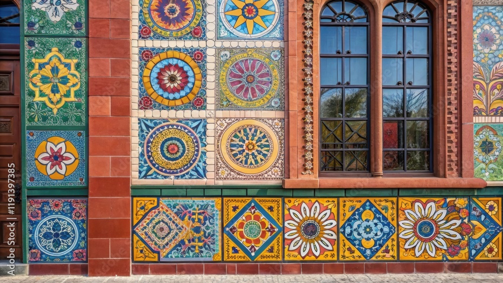 Poster An array of colorful tiles forming a mosaic on a building exterior capturing the vibrant hues and complex designs characteristic of artisanal craftsmanship in diverse cultural