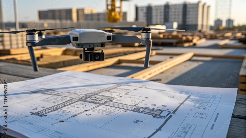 Aufkleber an artistic closeup of a drone casting a shadow over blueprints and plans laid out on the constructi