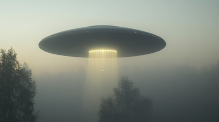 "mysterious UFO hovering over foggy forest night landscape with alien spaceship atmospheric entry and low-flying flying saucer mysterious lights in eerie woodland sci-fi scene"