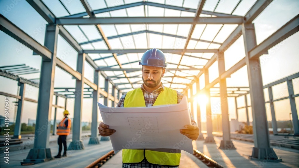 Poster an engineer examines structural plans on a clipboard while standing beside steel frame construction 