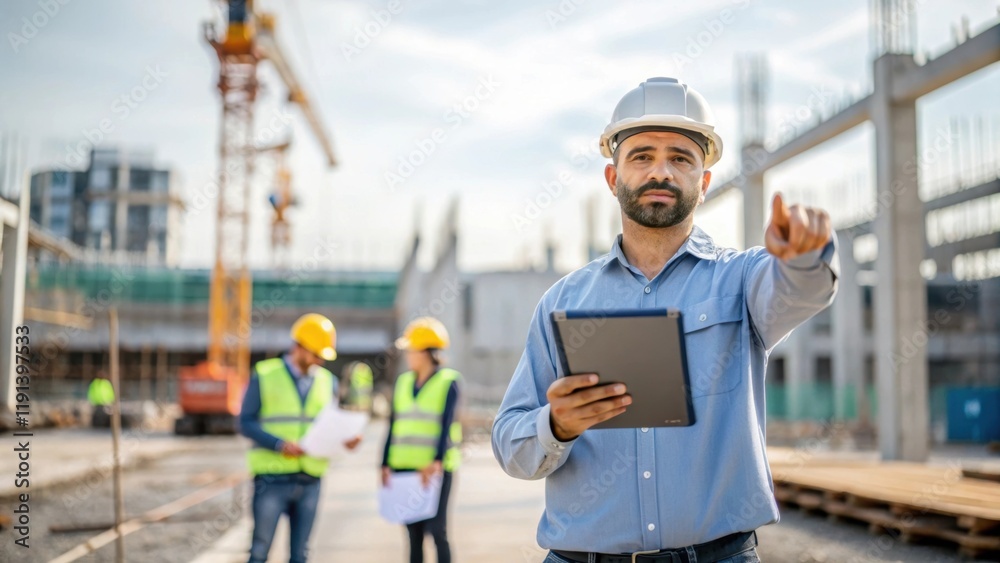 Aufkleber An engineer gestures towards a construction site with a tablet in hand analyzing data and making realtime adjustments to the project based on recent developments.