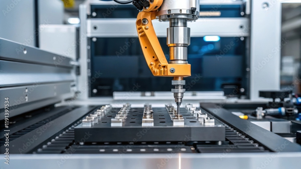 Poster An extreme closeup of a robotic arm delicately assembling small parts with metallic fingers capturing motion and precision in a hightech environment.