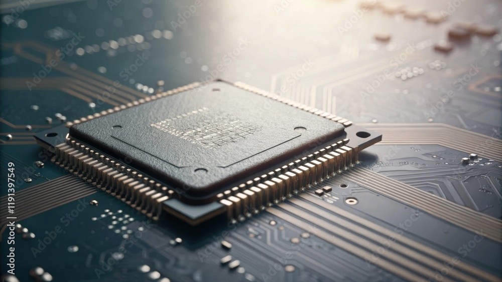 Aufkleber An extreme closeup of a silicon chip highlighting its microscopic patterns and connections with a backdrop that suggests advanced manufacturing technology.
