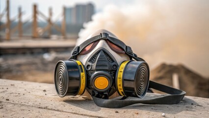 An extreme closeup of a respirator mask highlighting the dual filters and adjustable ss with a faint haze of construction dust visible in the background underscoring respiratory